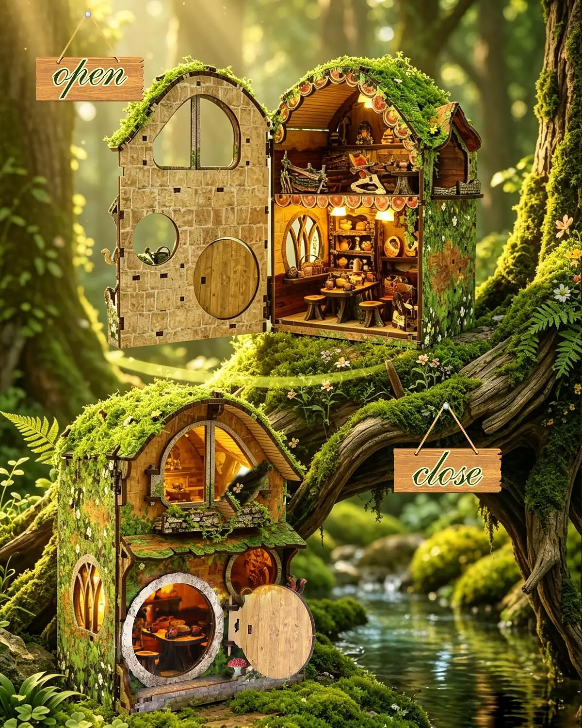 DIY Miniature House Kit,Fairy-Tale Forest Cottage Dollhouse Kit,3D Wooden Puzzles with Interactive Door&Warm Light,Tiny House
