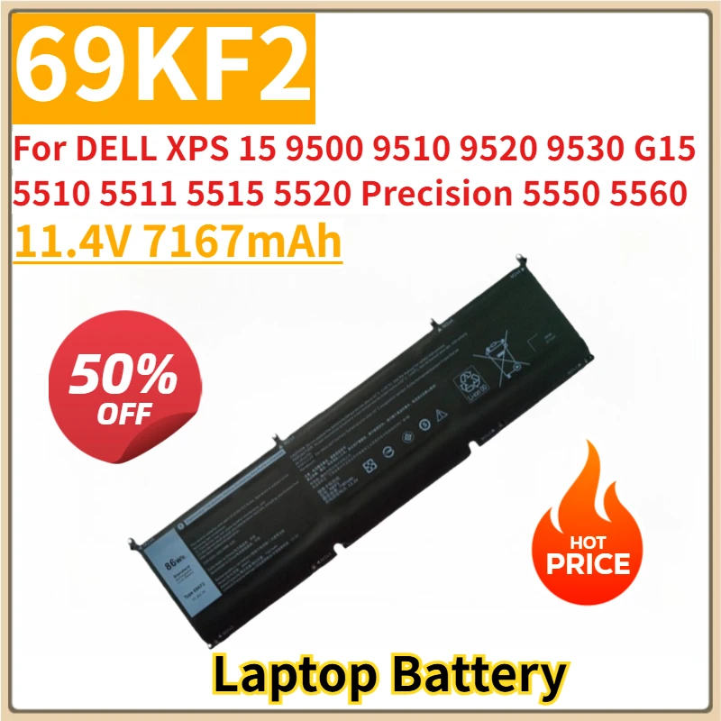 New Replacement Battery 11.4V 7167mAh 69KF2 for DELL XPS 15 9500 9510 9520 9530 G15 5510 5511 5515 5520 5521 Precision 5550 5560