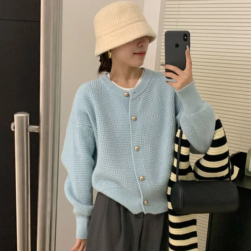 

Knitted Cardigan Single-Breasted Waffle Korea Autumn Women'S Blue Comfortable Sweater Fashion Casual O-Neck Coat