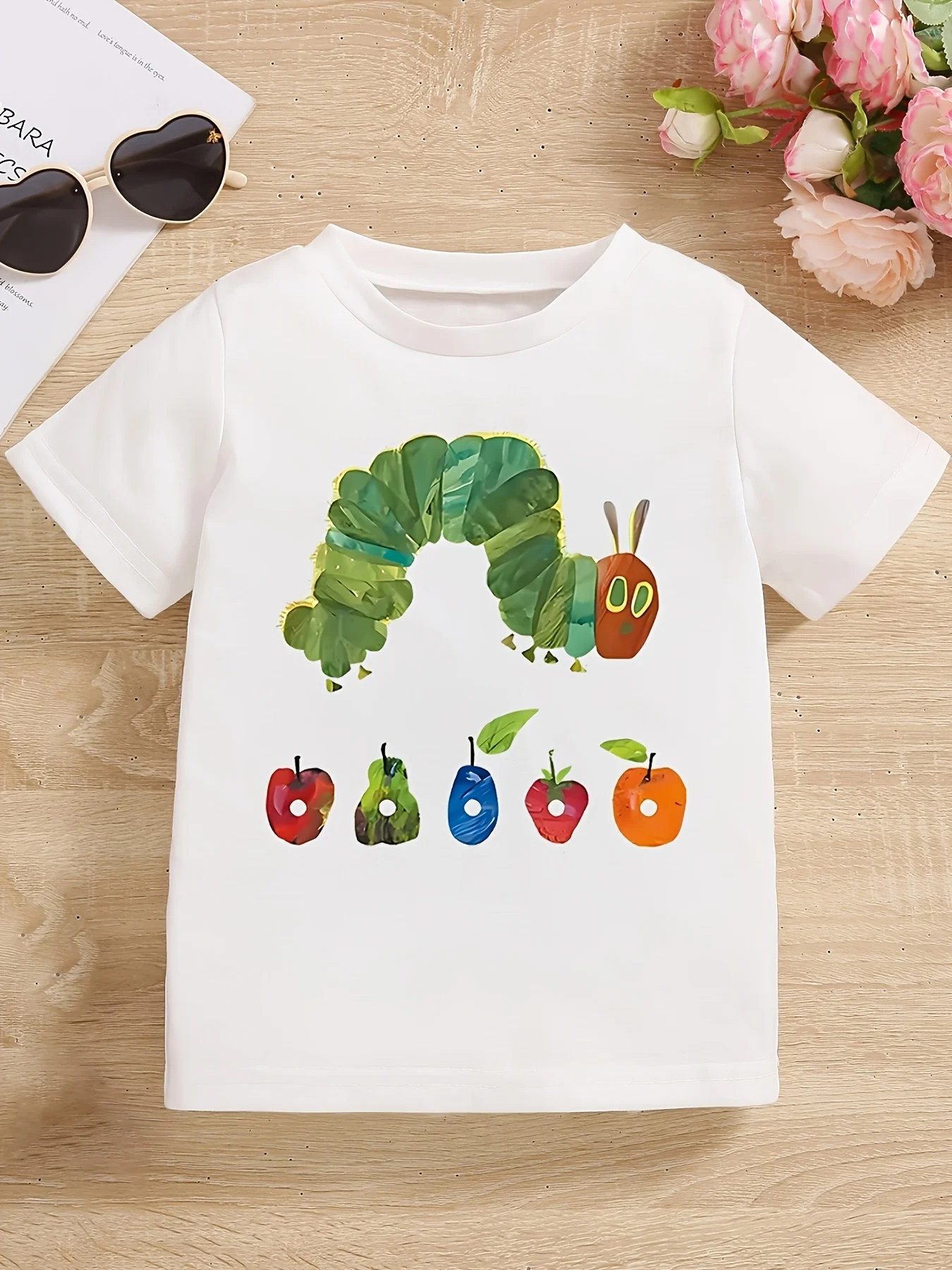 Summer Children's Fashionable Short Sleeved T-shirt, Insect Eating Apple Print, Outdoor Casual Parent-child Shirt, Holiday Gift