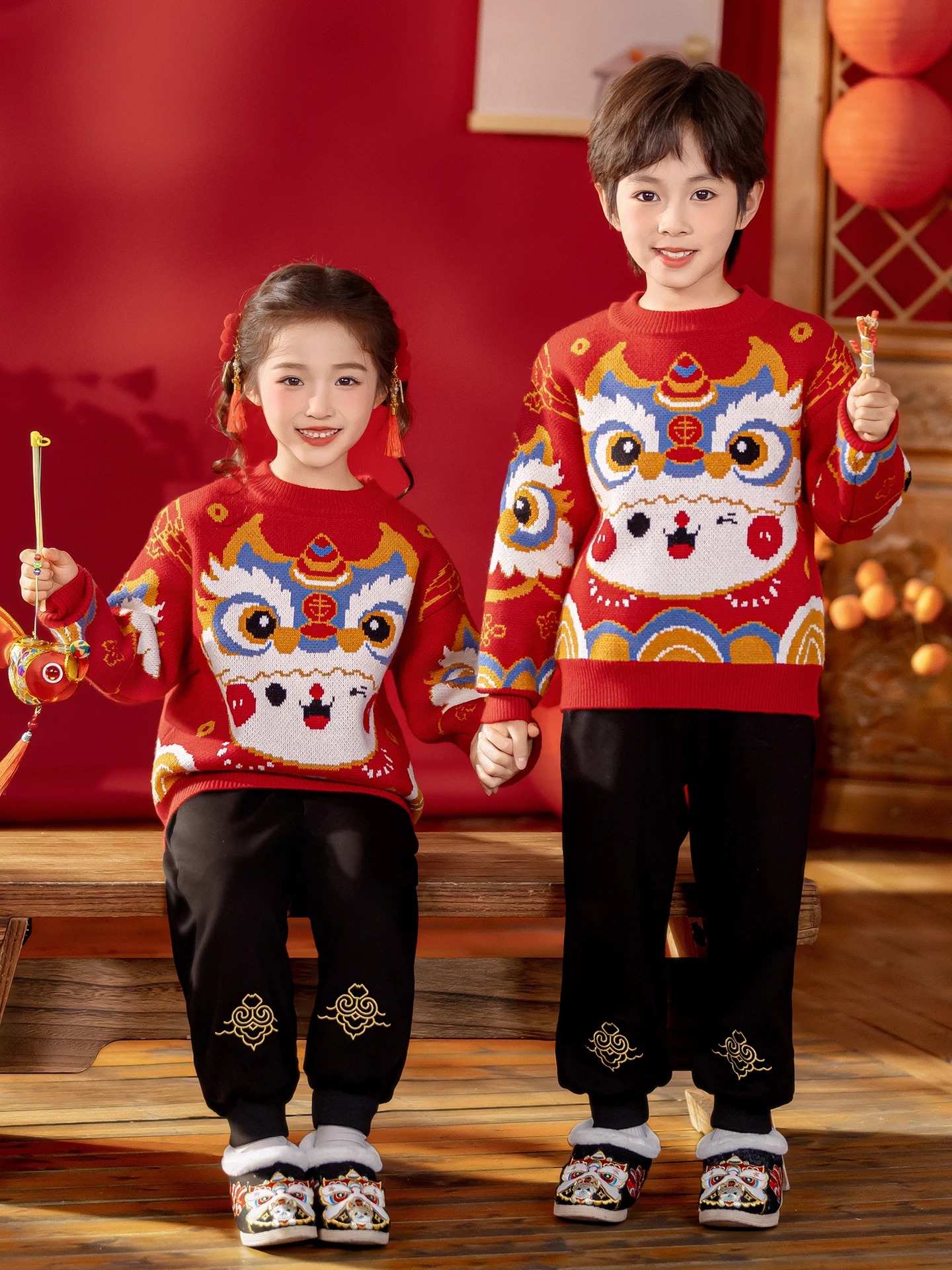 

Red Lion Dance Pattern Knitted Sweater Children's Autumn Winter New Year Outfit Warmthful Matching Set Performance Wear