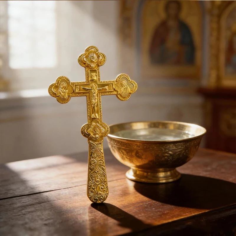 HTISOK Neues Elegantes Goldfarbenes Orthodoxes Handkreuz mit Blumengravuren für Gottesdienste und Persönlichen Spirituellen Schutz – Detail 7