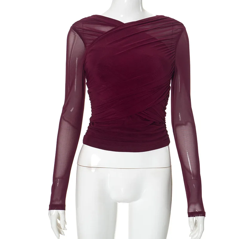 

2025 New Streetwear Mesh Patchwork V-Neck T-shirt Female Solid Long Sleeve Cropped Y2k Tees Pullover Inner Women Sexy Top Autumn