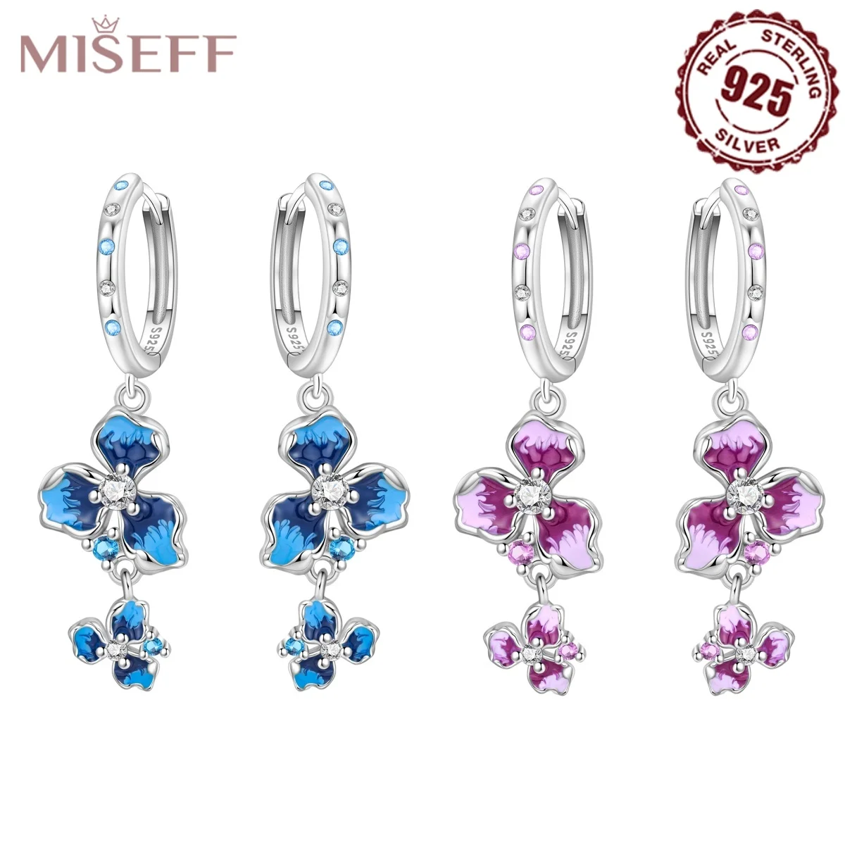 925 Sterling Silber Blumen-Ohrringe mit blau-violettem Iris-Design, Original-Design, feiner Blumenschmuck für Damen, Geburtstags- und Weihnachtsgeschenke