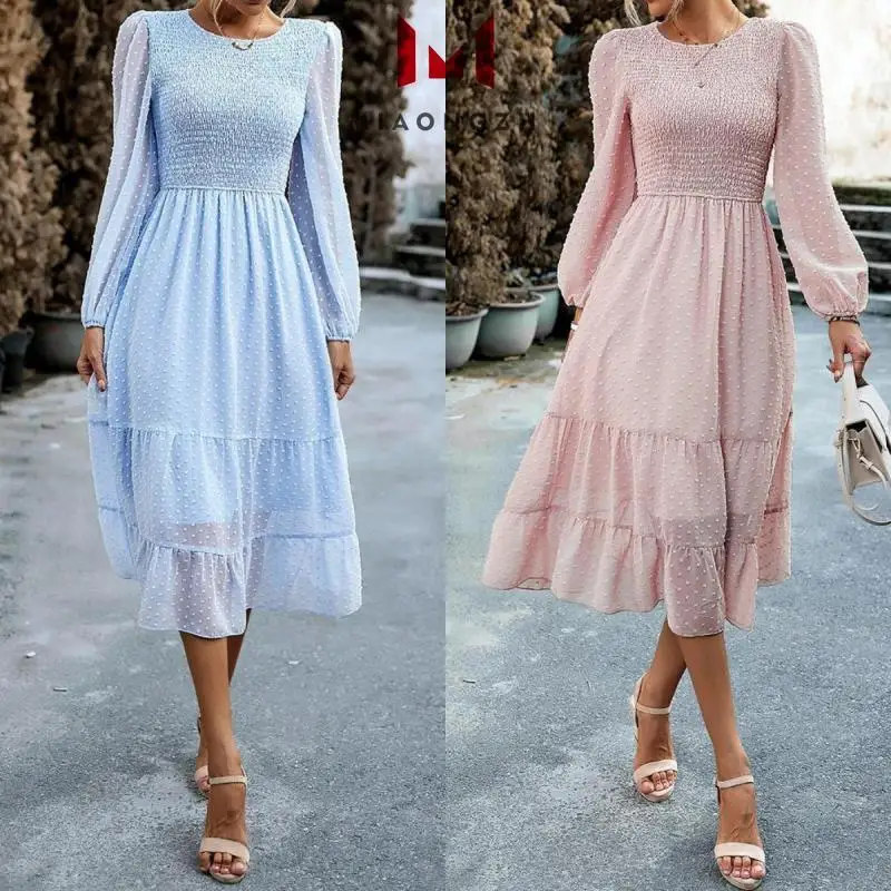 

Женское жаккардовое платье, однотонное Повседневное платье с длинным рукавом и круглым вырезом, розового, белого, черного цветов, осень 2023