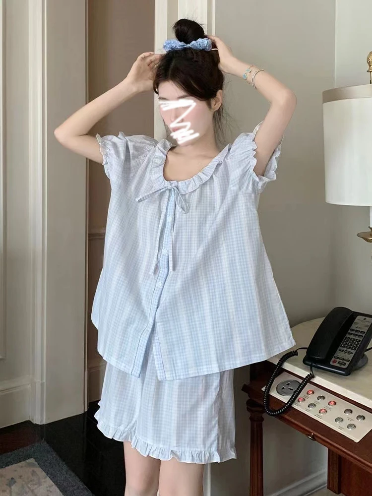 

Summer New Sle Blue Plaid Cotton Pajamas ort Sve Cute Doll Collar Home Clothes Thin Set Women's Spwear Cotton Linen