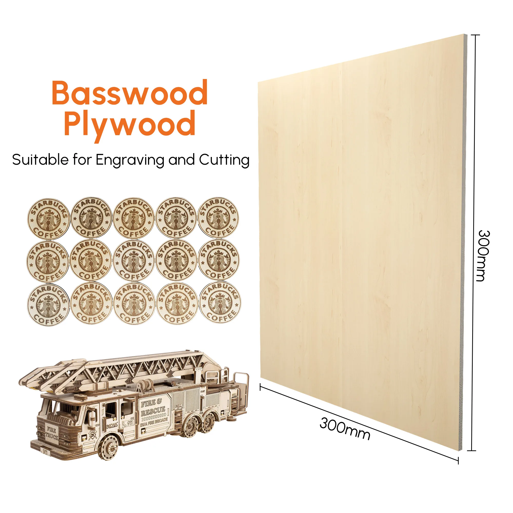 10PCS Basswood Sheets Plywood Board Laser Engraving Material Wooden Plate DIY for Ortur Laser Machine 3mm 300x300mm Wood Model