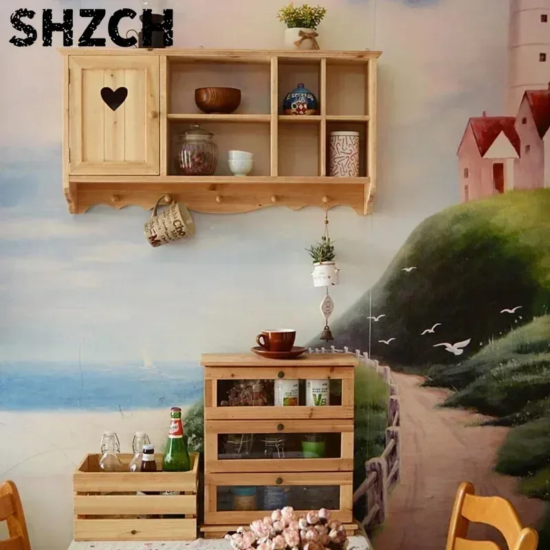 Retro Wall Storage Rack Solid Wood Cup Rack Spices And Tea Kitchen Decoration Cabinet