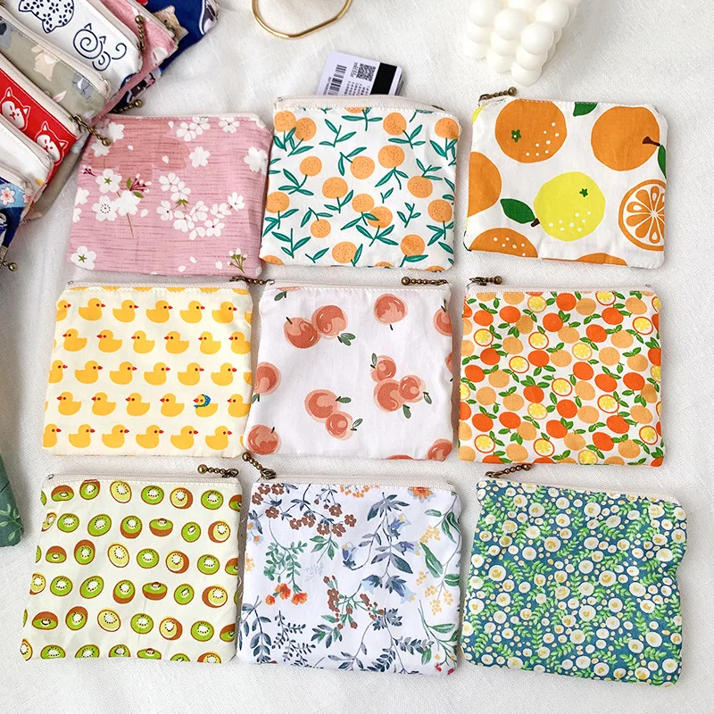 Cute Flower Fruit Print Coin Purse Women Credit Card Holder Zipper Coin Pouch Cute Purse Clutch Bag Money Bags Girls Cute Bag