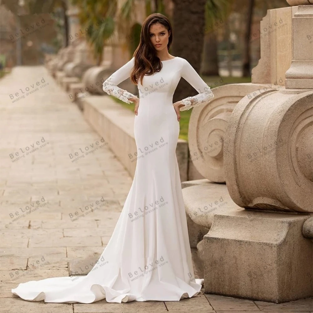 

Modest Wedding Dresses Satin Bridal Gowns Lace Appliques O-Neck Backless Sheath Mermaid Sweep Train Robes Vestidos De Novia 2024