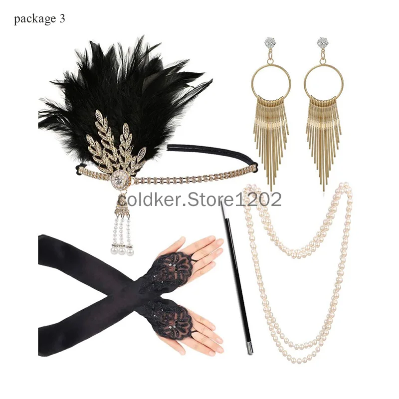 1920s Frauen Vintage Flapper Gatsby Kostüm Zubehör Set 20s Stirnband Perle Halskette Handschuhe Zigarette Halter Anime Ohrring Set