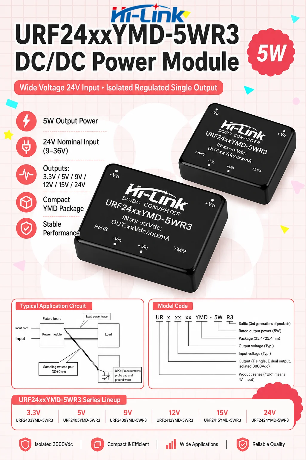 5W Metal Shell Supply Chip URF2405YMD URF2405YMD URF2412YMD 0 03W Idle Power Loss 300ms Quick Boot Low Ripple Wide Temp Hardware