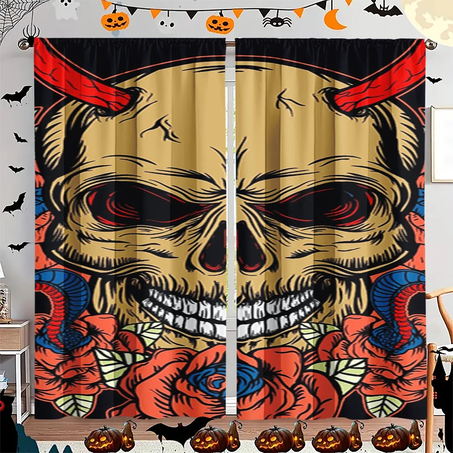 2PCS Digital Print Curtain, Demon Horn Skull Snake Rose Tattoo, Gothic Rock Punk for Living Room Bedroom Kitchen Decor