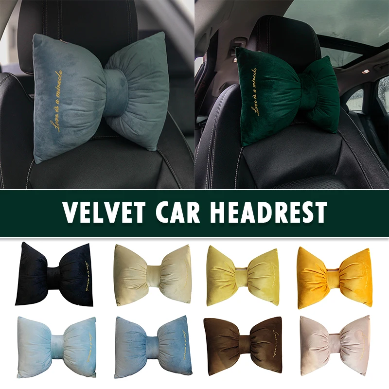 

1pc High Density Velvet Bowknot Pillow Fine Embroidery Car Interior Headrest Neck Waist Pillow Universal Auto Home Sofa Cushion