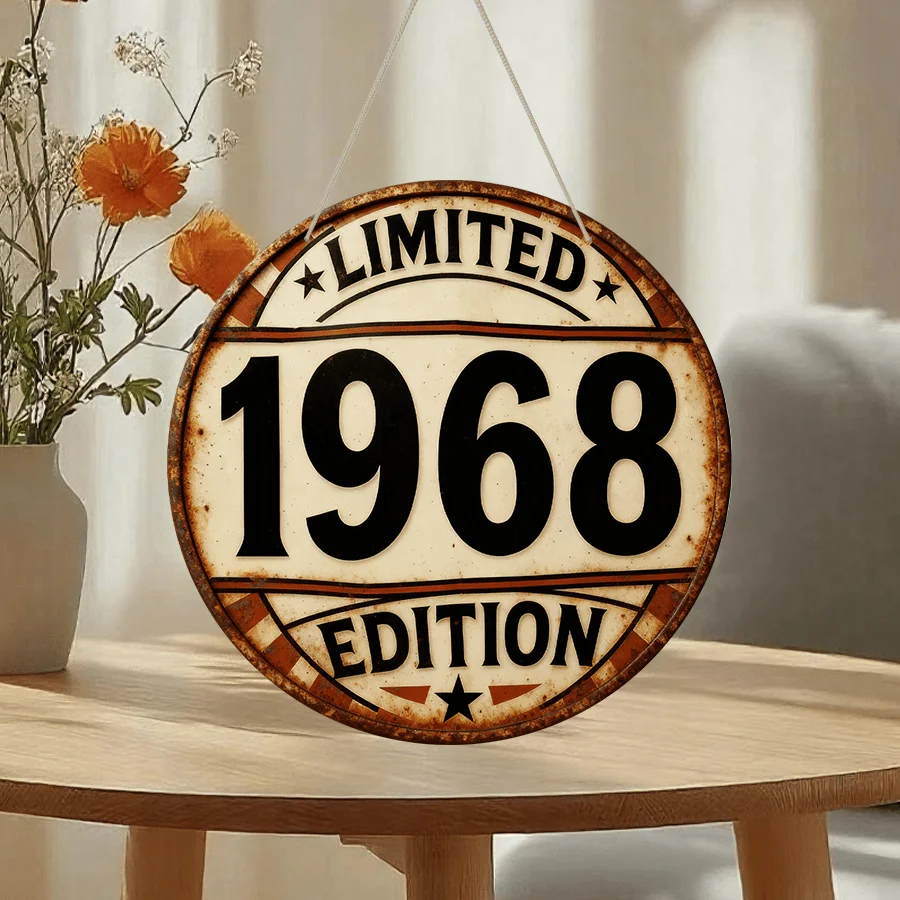 2D Flat, 1pc Vintage 1968 Limited Edition Round Wood Sign - Wood Wall-Mounted Retro 2D Plaque with 1968 Logo, Suitable for Home,