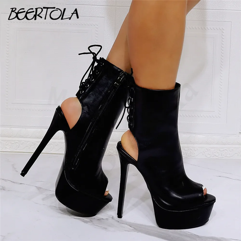 

Women's Black Open Toe Boots Stiletto Heels Open Toe High Platform Side Zipper Sandals Back Straps Sexy Large Size Boots