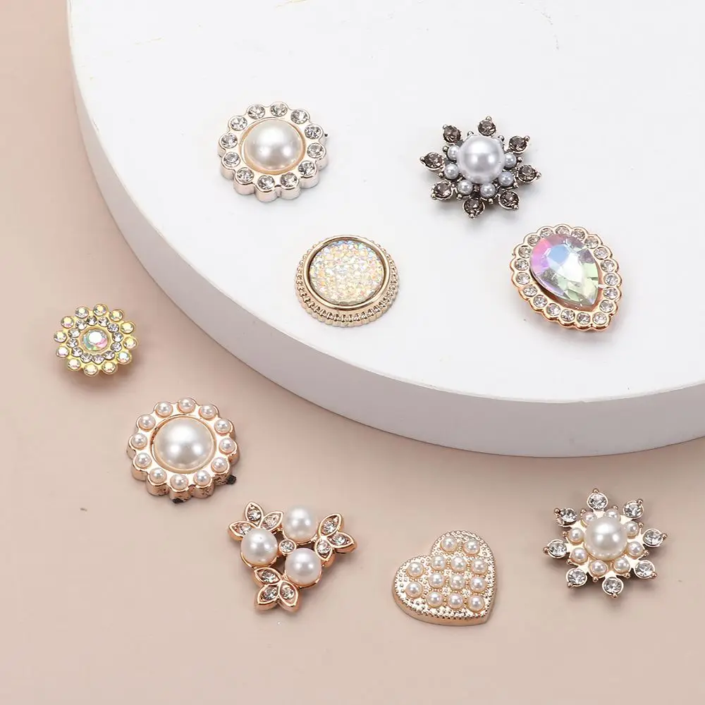 10PCS DIY Craft คริสตัลดอกไม้รูปไข่มุก Hairpins ปุ่ม Rhinestone เพิร์ลปุ่ม Headwear อุปกรณ์เสริม