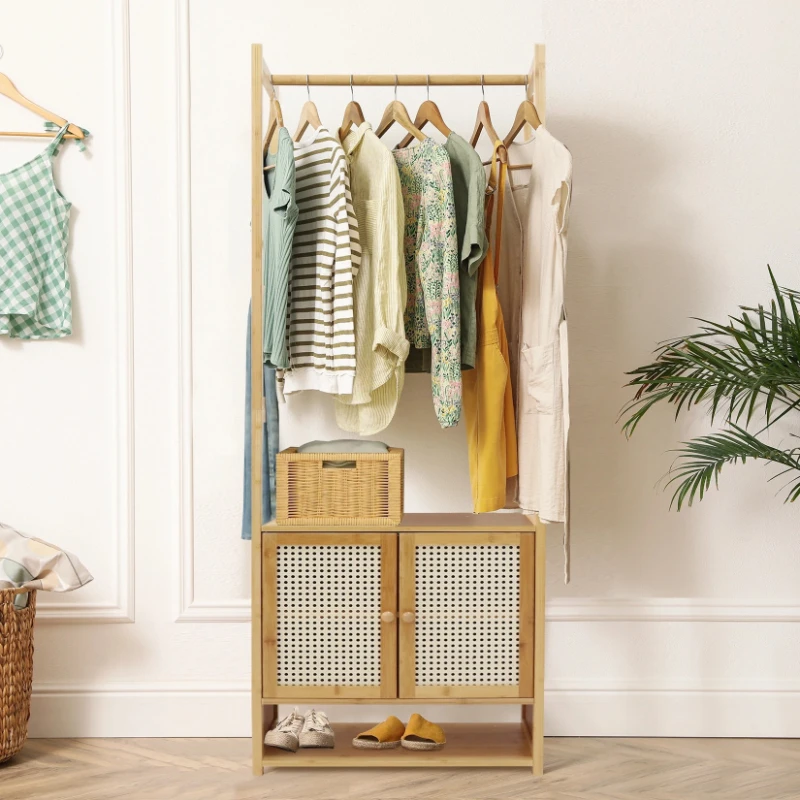 

Bamboo Open Garment Rack with Storage Shelves Hanging Clothes Rack for Living Room