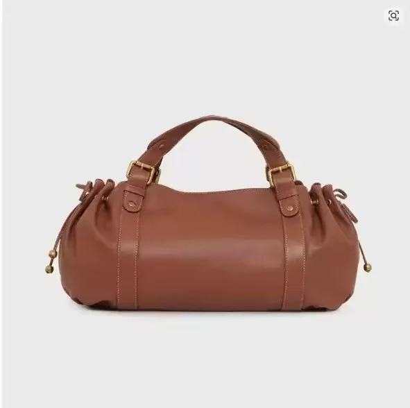 Women Vintage Soft Faux Leather Pillow Handbag Drawstring Side Shoulder Bag Retro Brass Buckle Large Capacity Ladies Tote Purse