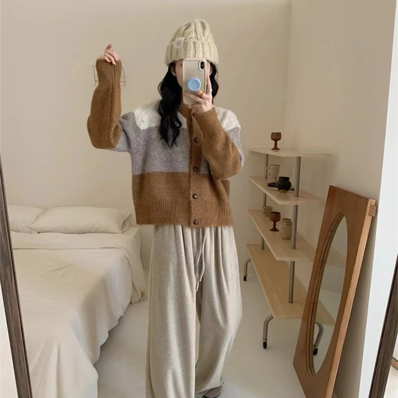 Harajuku Contrast Color Sweater Jacket Women Autumn Casual Student Versatile Knitted Cardigan Y2K Retro Patchwork Sweater Coat