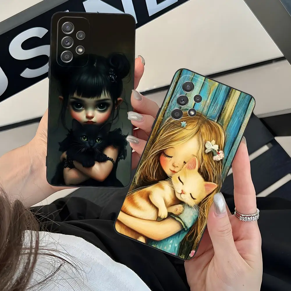 Girl Cat Kitten Art Phone Case for Samsung Galaxy M55 54 42 35 34 33 32 23 22 15 14 13 12 F55 5G Colour Protective Cover Luxury #3