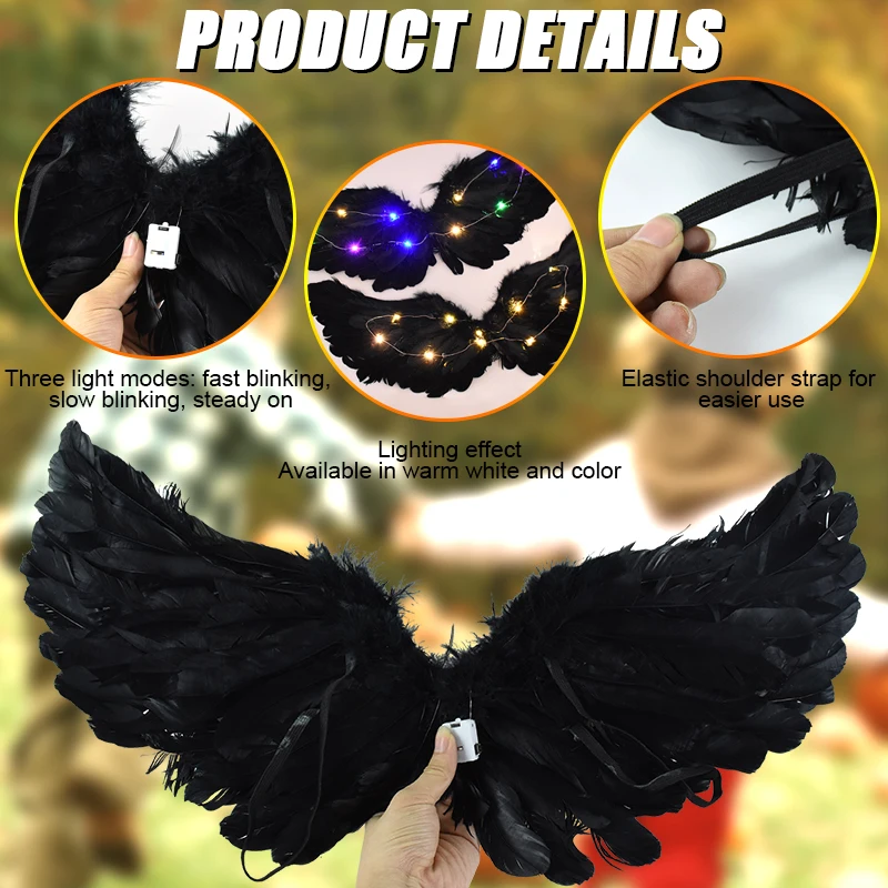 1pc Women Girl Angel Feather Wings With Led Lights Glow Demon Black Wings For Birthday Halloween Party Performance Cosplay Props