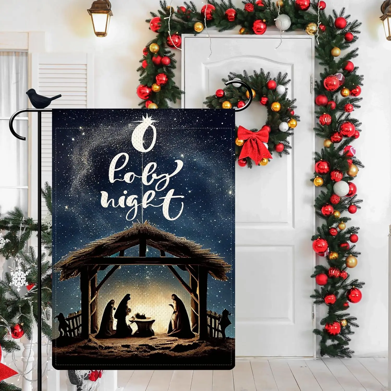 PIPISASA O Holy Night Jesus Nativity Christmas Garden Flag 12 x 18 Inch Winter Religious Xmas Garden Flags for Outside Doubl WZZ