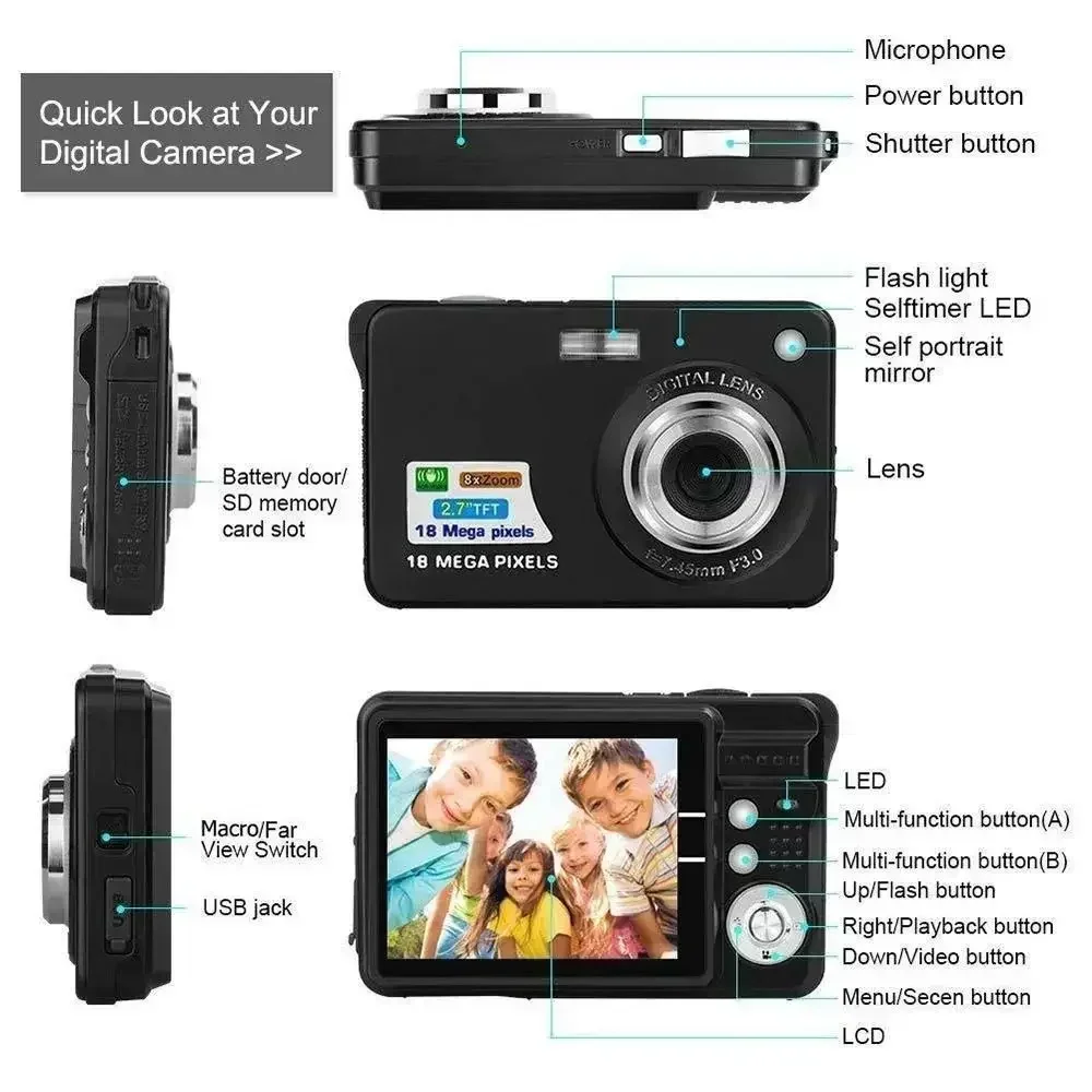 18 MP with LCD Screen Rechargeable HD Digital Camera CCD Video Camera Outdoor Anti-Shake Support Sd Card Child Cameras