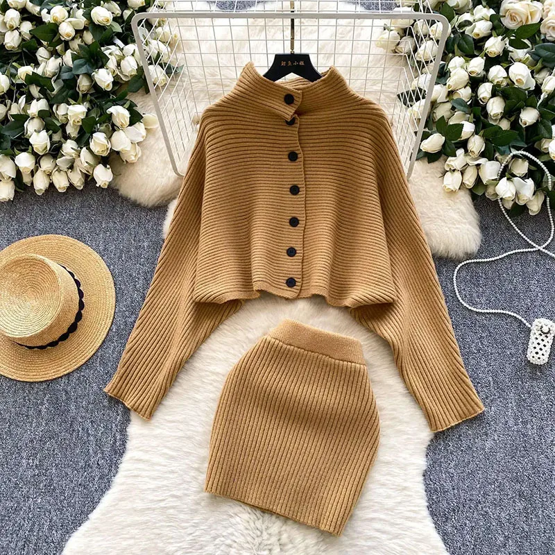 

Вязаные костюмы с рукавами «летучая мышь», осенний свободный дизайн на пуговицах, кардиган + мини-юбка, зимний французский ленивый свитер, комплекты из двух предметов