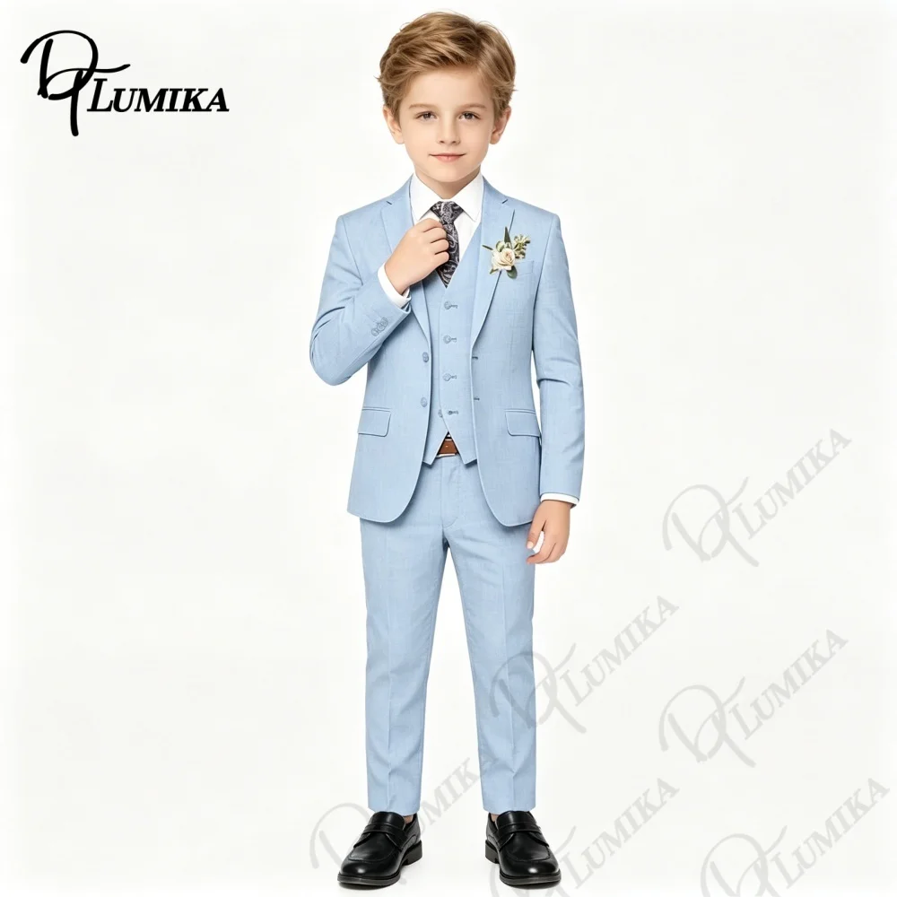 

Boys Light Blue Linen Formal Suit 4PCS with Floral Tie 2026 Slim Fit Blazer Vest Pants Wedding Birthday Graduation Party 3-13Y