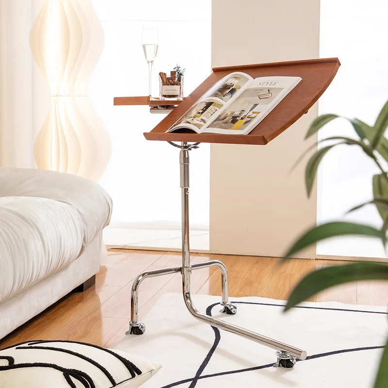 

Medieval solid wood music stand Nordic sofa liftable trolley living room bedside mobile wooden small side table coffee table
