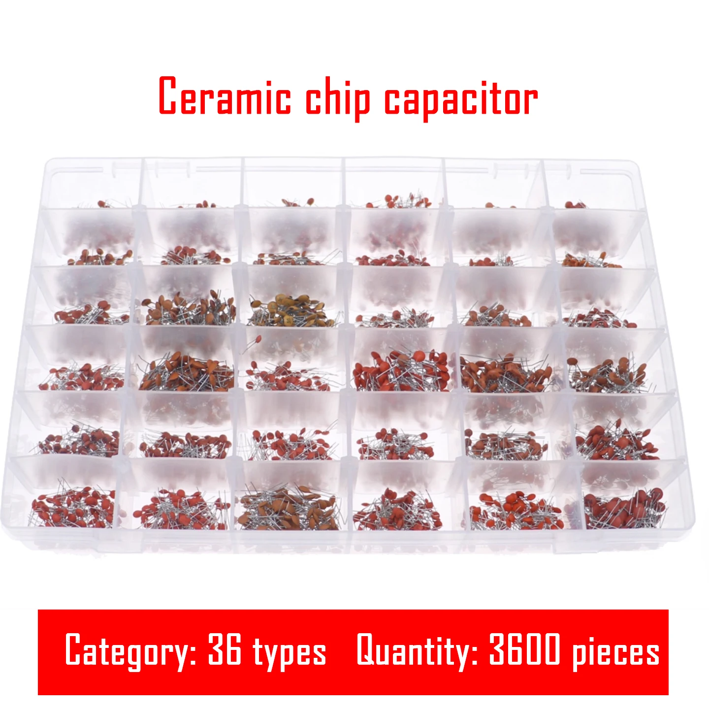3600PCS of 36 specifications 1pF-100nF 50V ceramic capacitors, through-hole magnetic chip ceramic dielectric capacitors in box