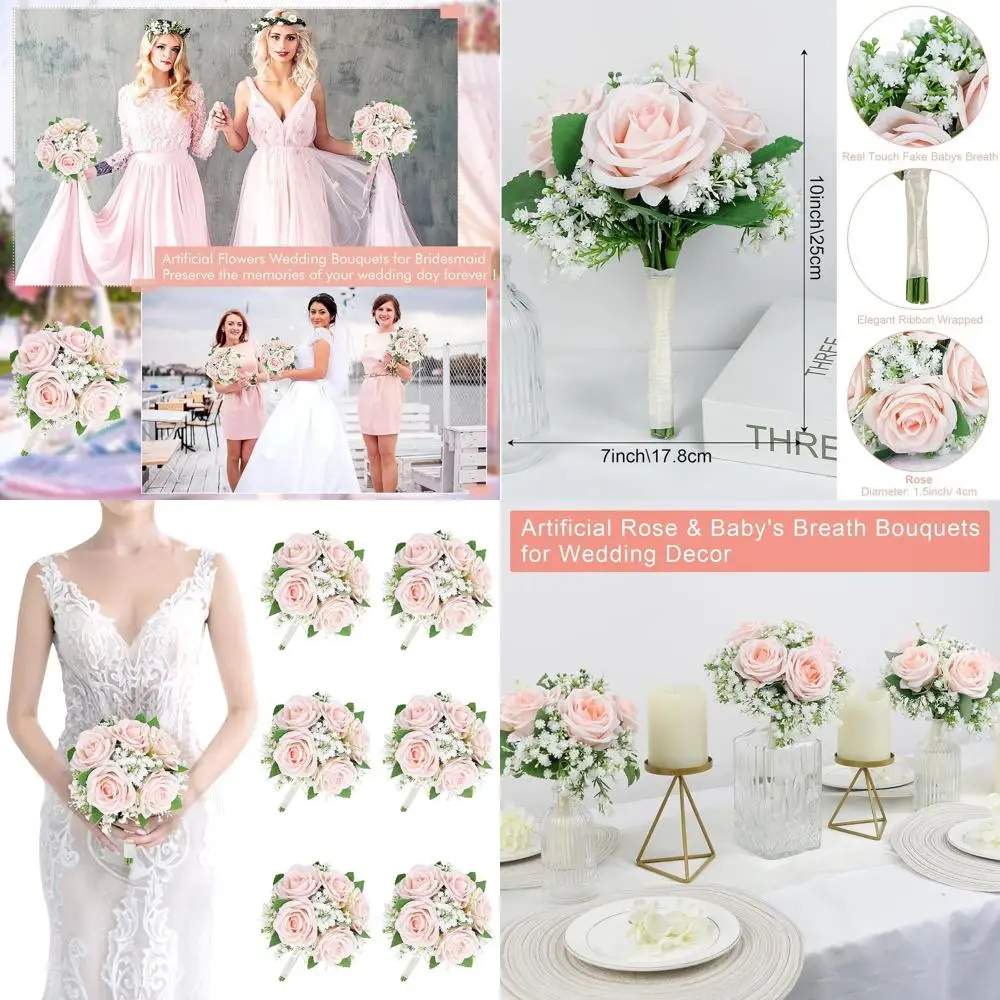 

Набор букетов из персиково-розовых роз и гипсофилы (6-7 дюймов) для подружек невесты, идеально подходит для свадеб и торжеств