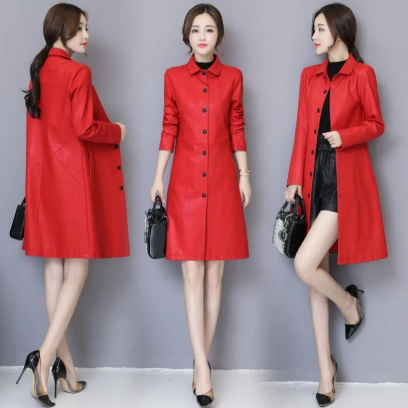 Women Leather Trench Coat Casual Fashion O-Neck Single Breasted Loose Sheepskin Tops Coat Long Outerwear Split Leather