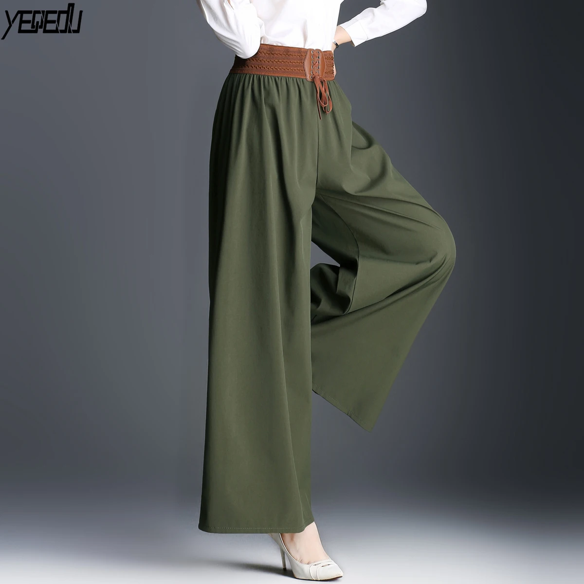 #4207 primavera estate pantaloni a gamba larga donna pantaloni elastici a vita alta pantaloni larghi Casual grande Femme di alta qualità