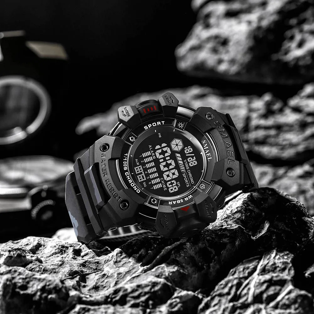 SMAEL-LEDデジタル時計,スポーツ腕時計,50 m,防水,ストップウォッチ,8050 mc,大型ダイヤル,アラーム