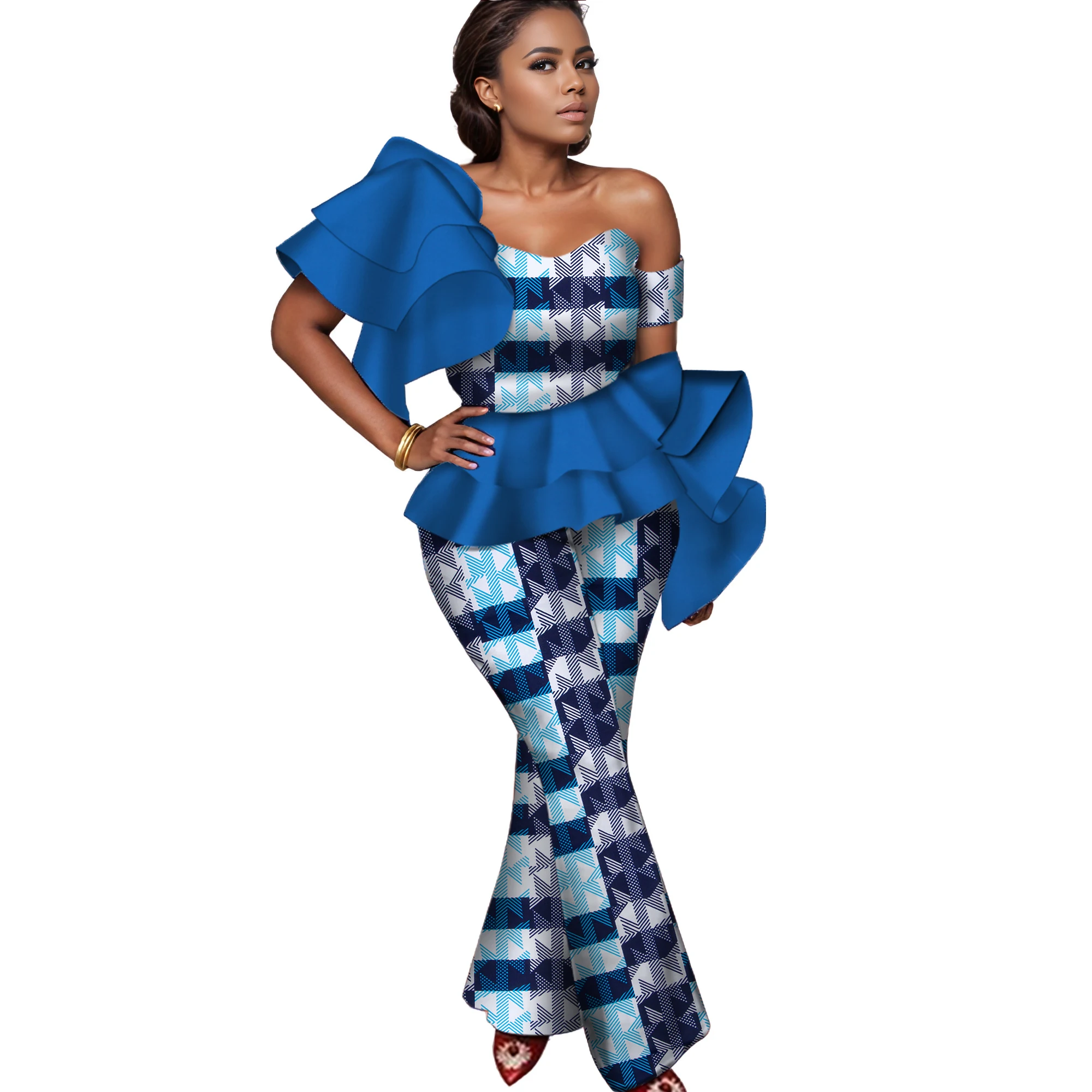 

Africa Pant Sets for Women New Spring Dashiki Ruffles Top and Pants African Clothing Bazin Plus Size Women Outfits WY4124