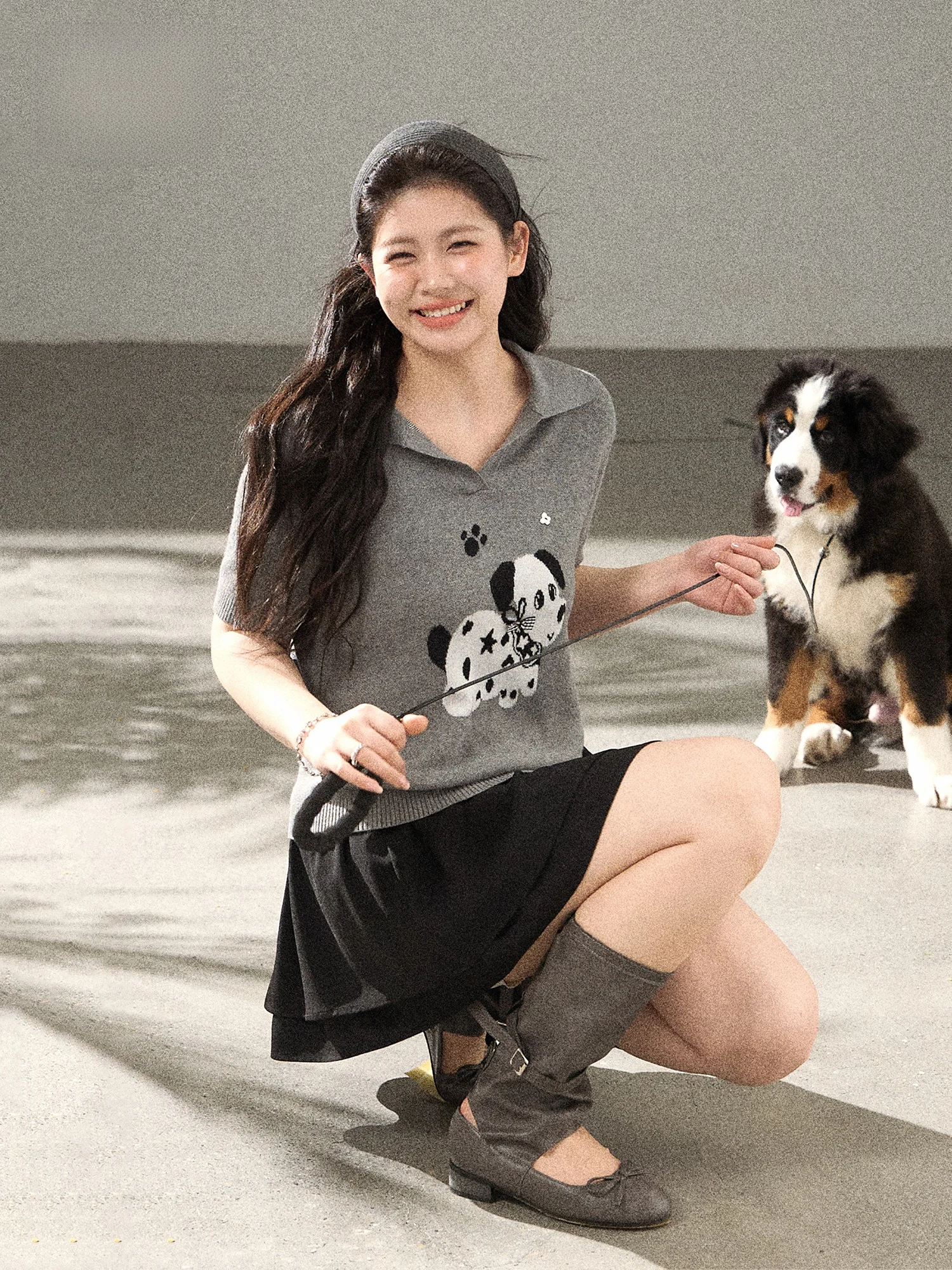 

plus Size Summer Sweet Korean Style Dog Shirt Cake Skirt Set for plus Size Women High Waist Loose Fit Short Sleeve