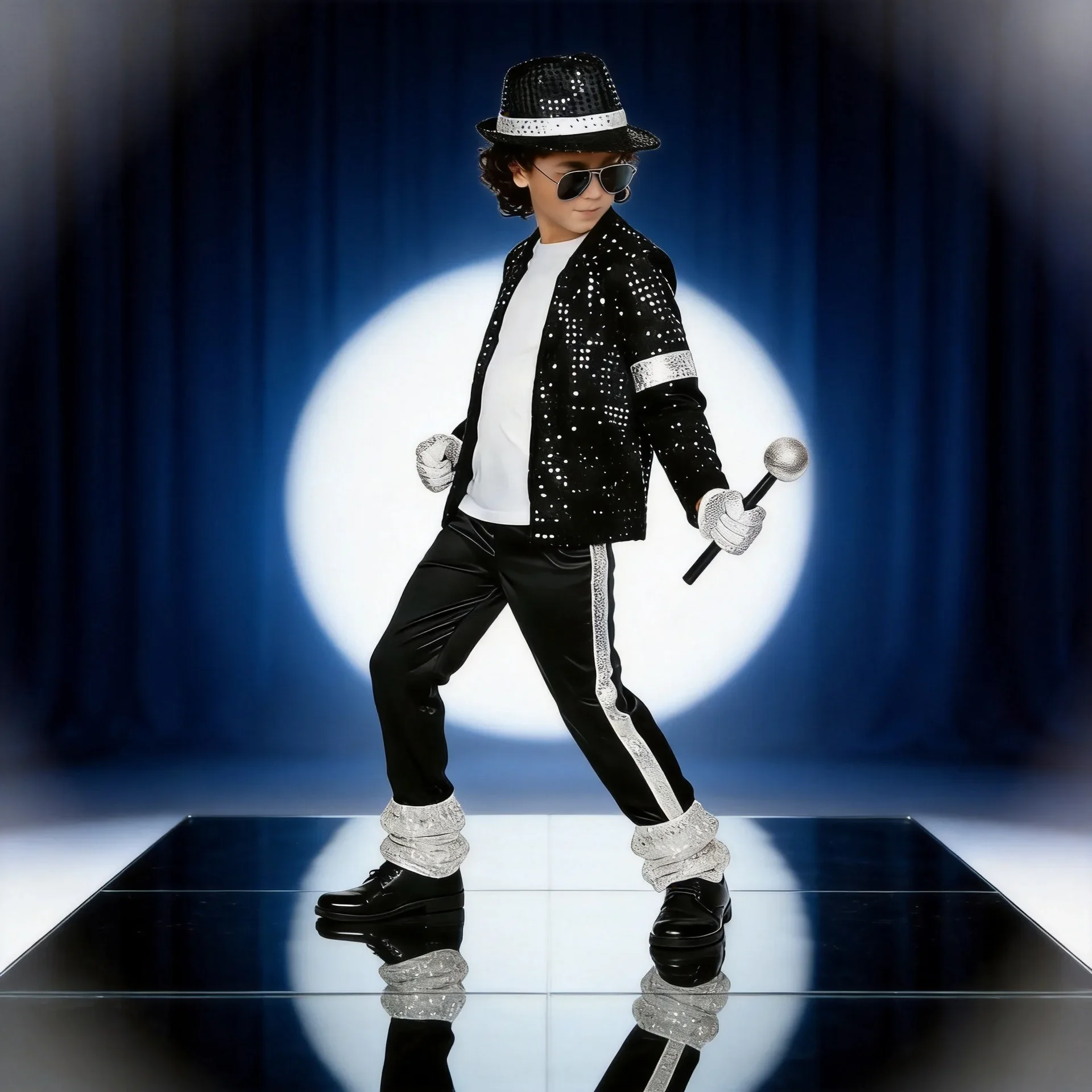 Retro-Popstar-Auftrittsanzug für Jungen, schwarz-silberne Paillettenkleidung, Komplettset, Kinder-Halloween-Maskerade-Hip-Hop-Partykostüm – Detail 3