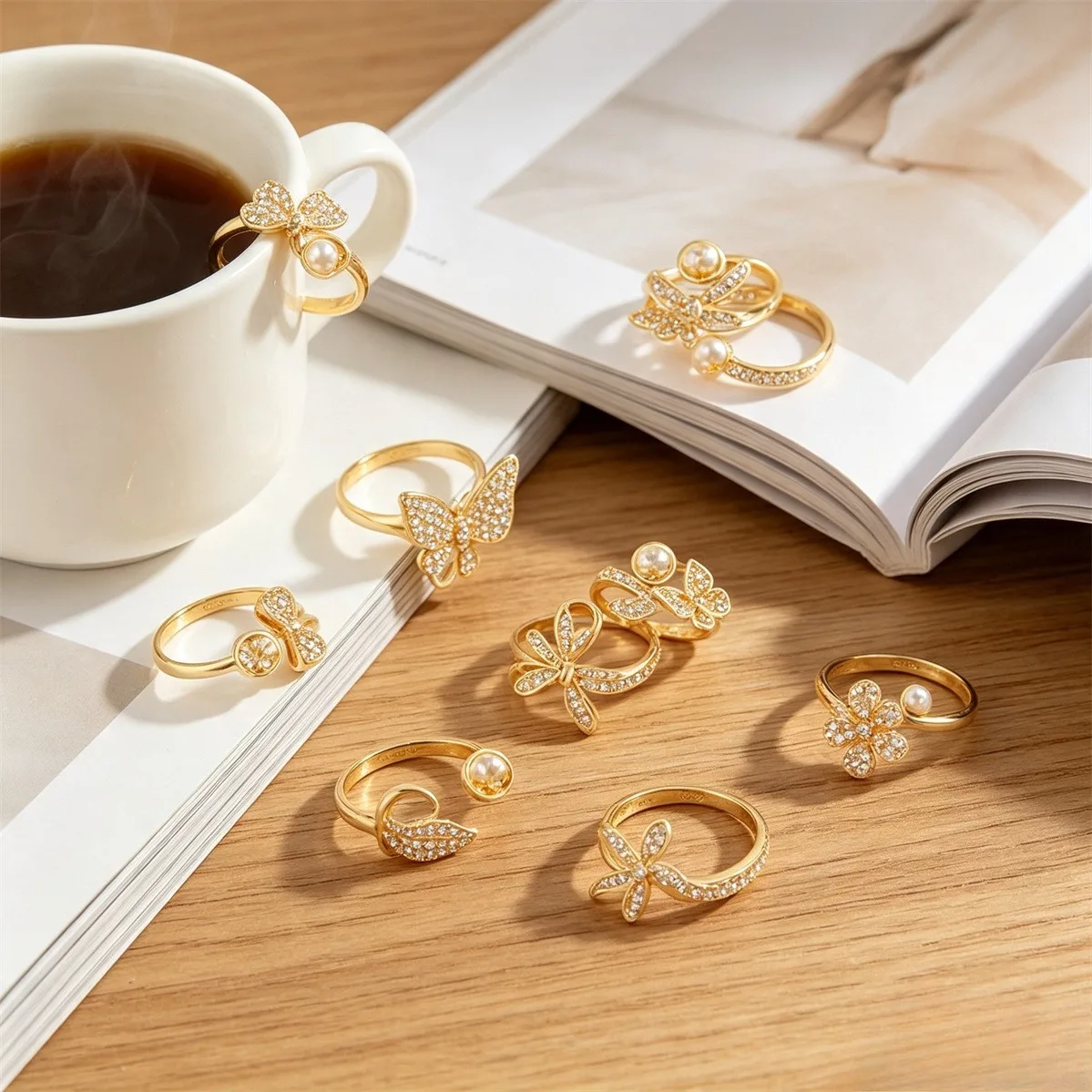 Brass Gold Plated CZ Flower Leaf Butterfly Bezel Ring Blank DIY Pearl Inlay Jewelry Findings