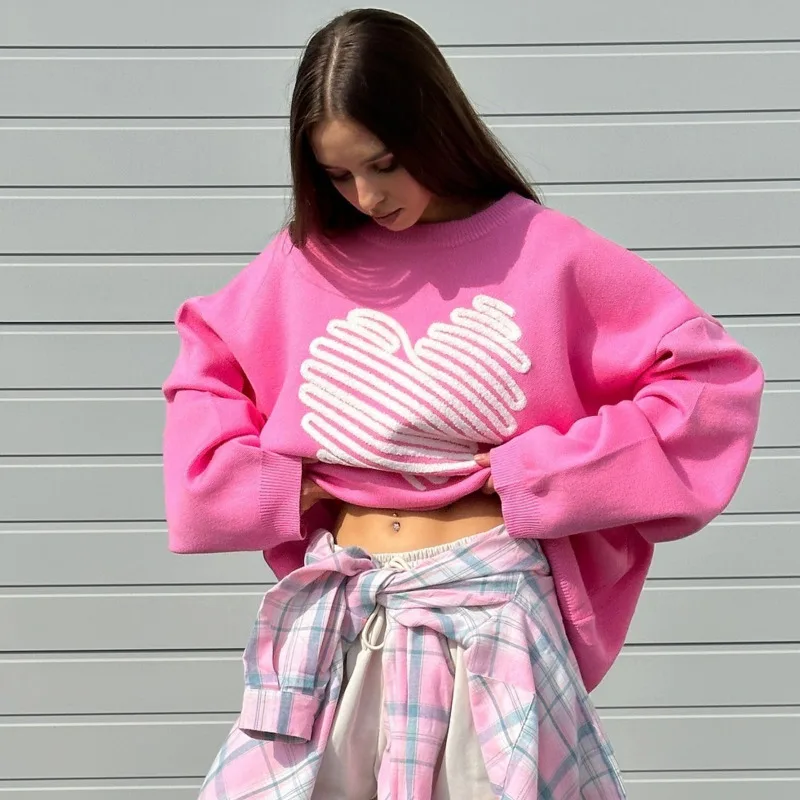 

Embroidery Heart Sweater For Women's Top Autumn Winter Fashion Personality Casual Round Neck Pink Loose Elastic Pullover Sweater