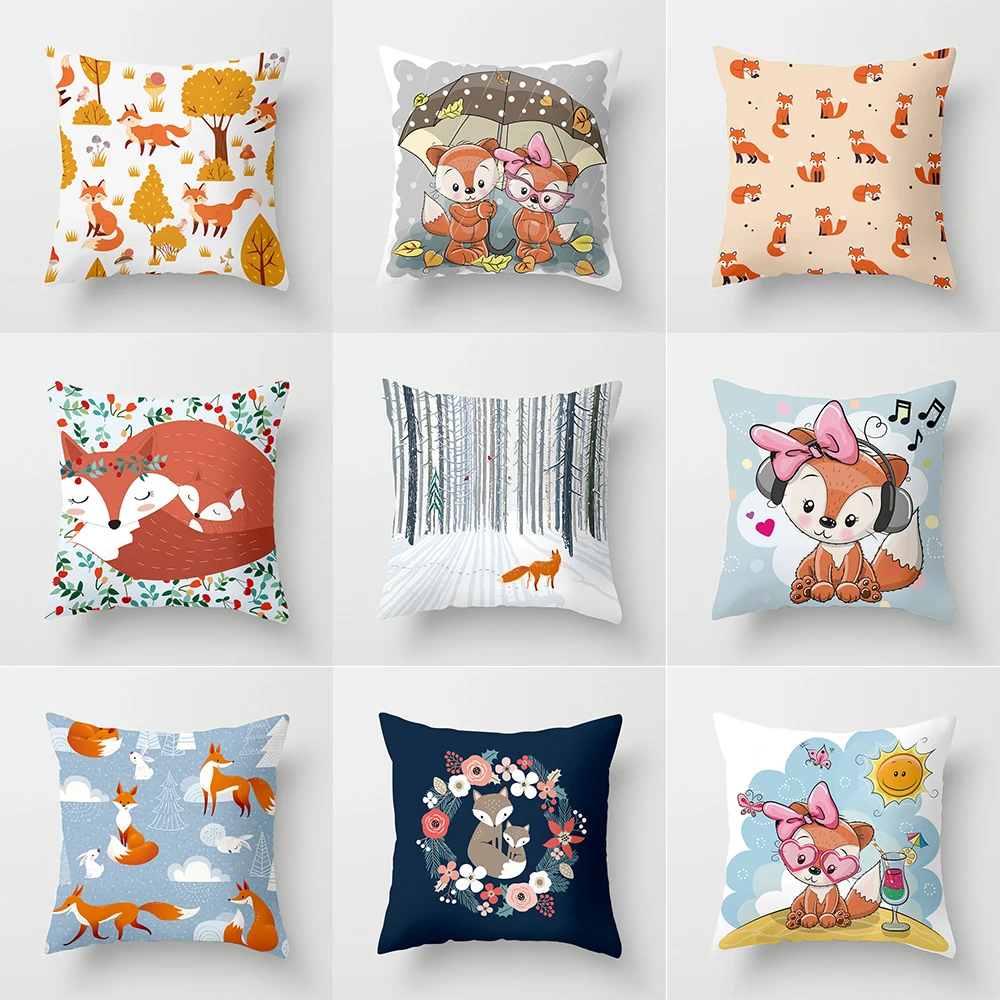 Cute Cartoon Animal Fox Print Pattern Cushion Cover Home Living Room Sofa Decoration Polyester Pillow  Cover45x45cm