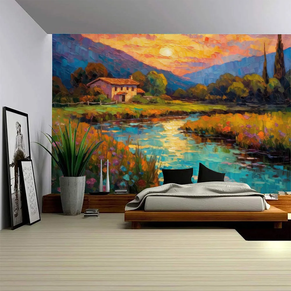 Forest Stream Water Bohemian Wall Mounted Landscape Oil Painting Tapestry for Living Room Bedroom Home Decor