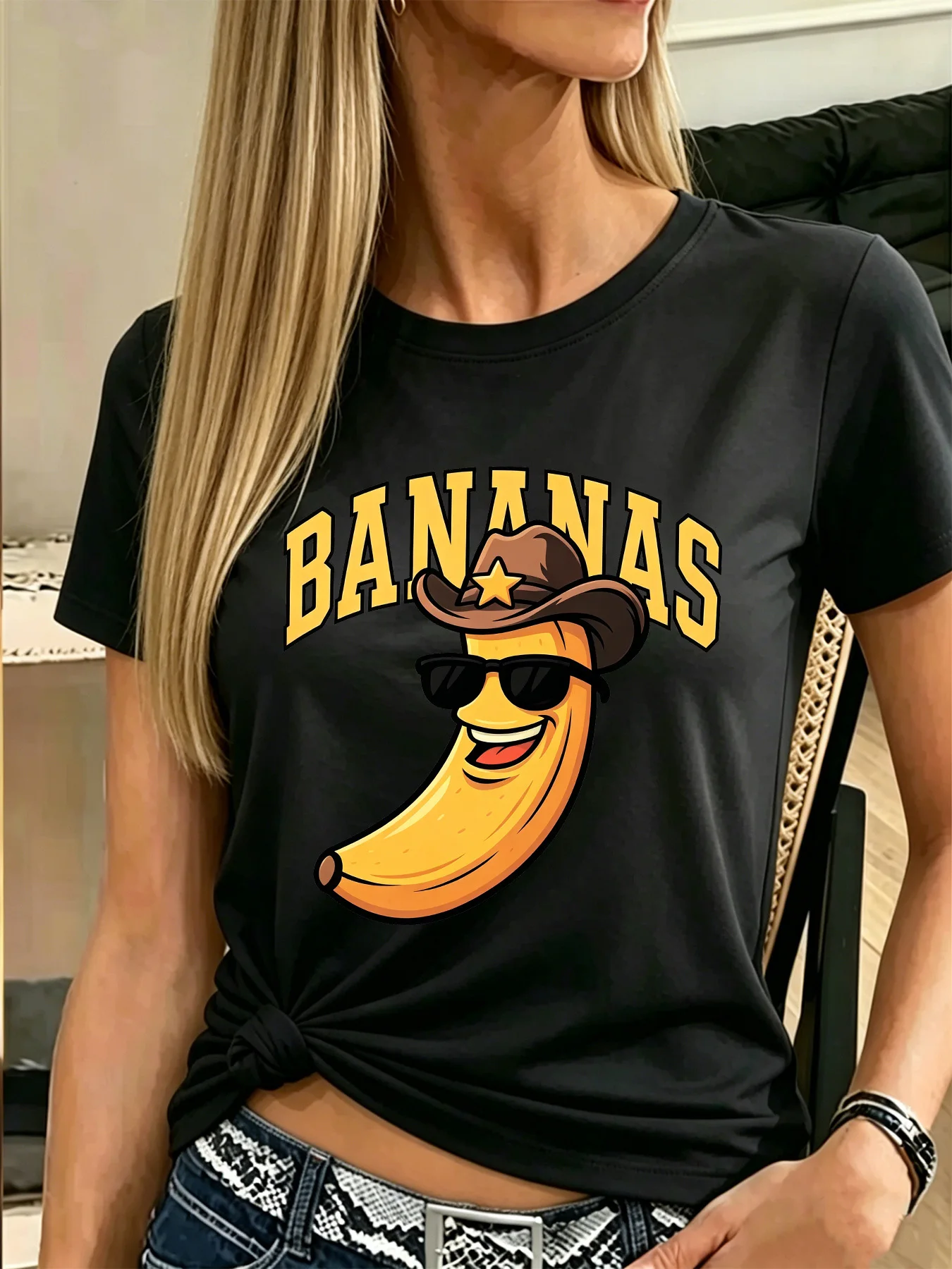 Cute Cowboy Banana With Sunglasses Bananas Text Art Print Graphic Womens T Shirt Short Sleeve Crew Neck Casual Ladies Tee Tops
