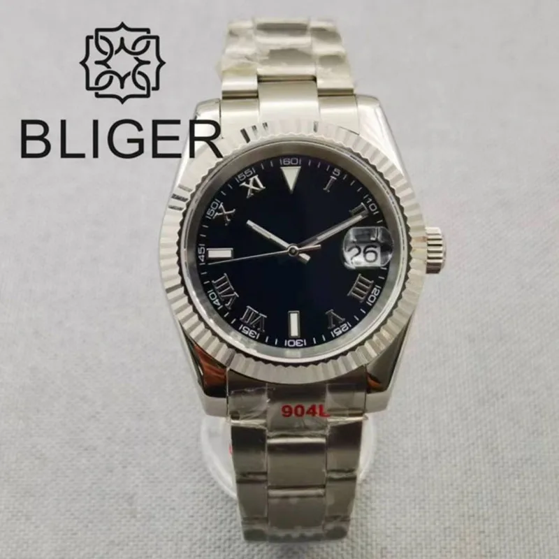 BLIGER 36mm/39mm NH35 Automatic Watch For Men Black Gray Dial Roman Numbers Self-Wind Mechanical Wristwatch Sapphire Glass Date