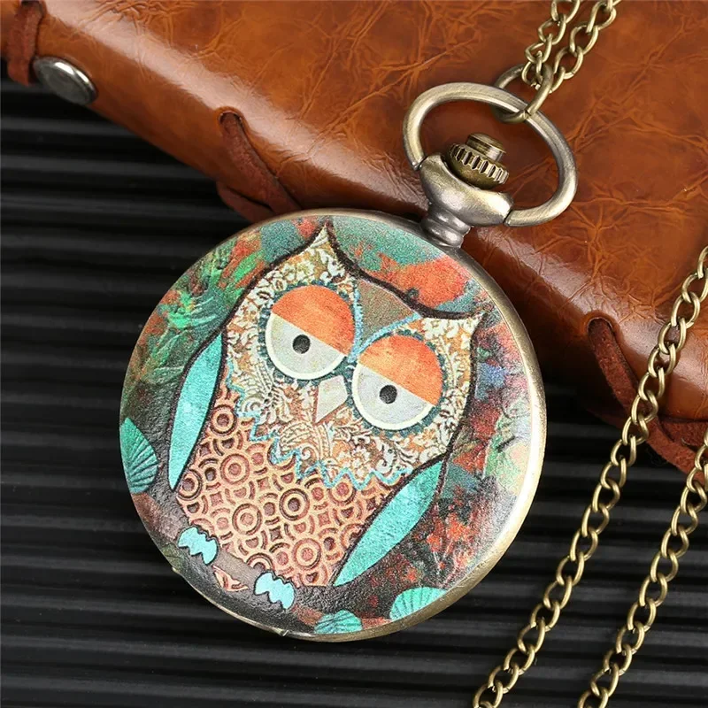 Colorful Cute Night Owl Design Full Hunter Quartz Analog Pocket Watch for Men Women Sweater Necklace Chain Retro Timepiece