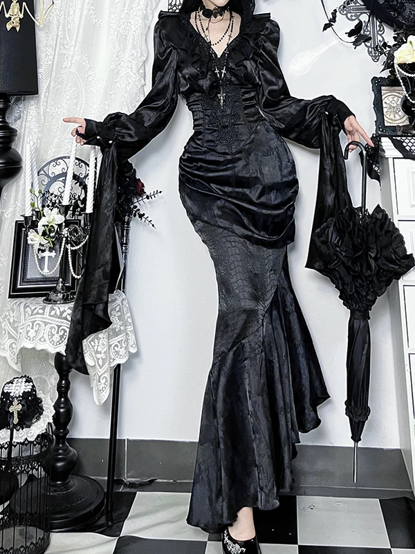 고딕 스타일 롱 스커트 여성용 브이넥 드레스 할로윈 코스프레 라이트 서브컬쳐 드레스 불규칙한 밑단 박쥐 소매 폴리에스터...
