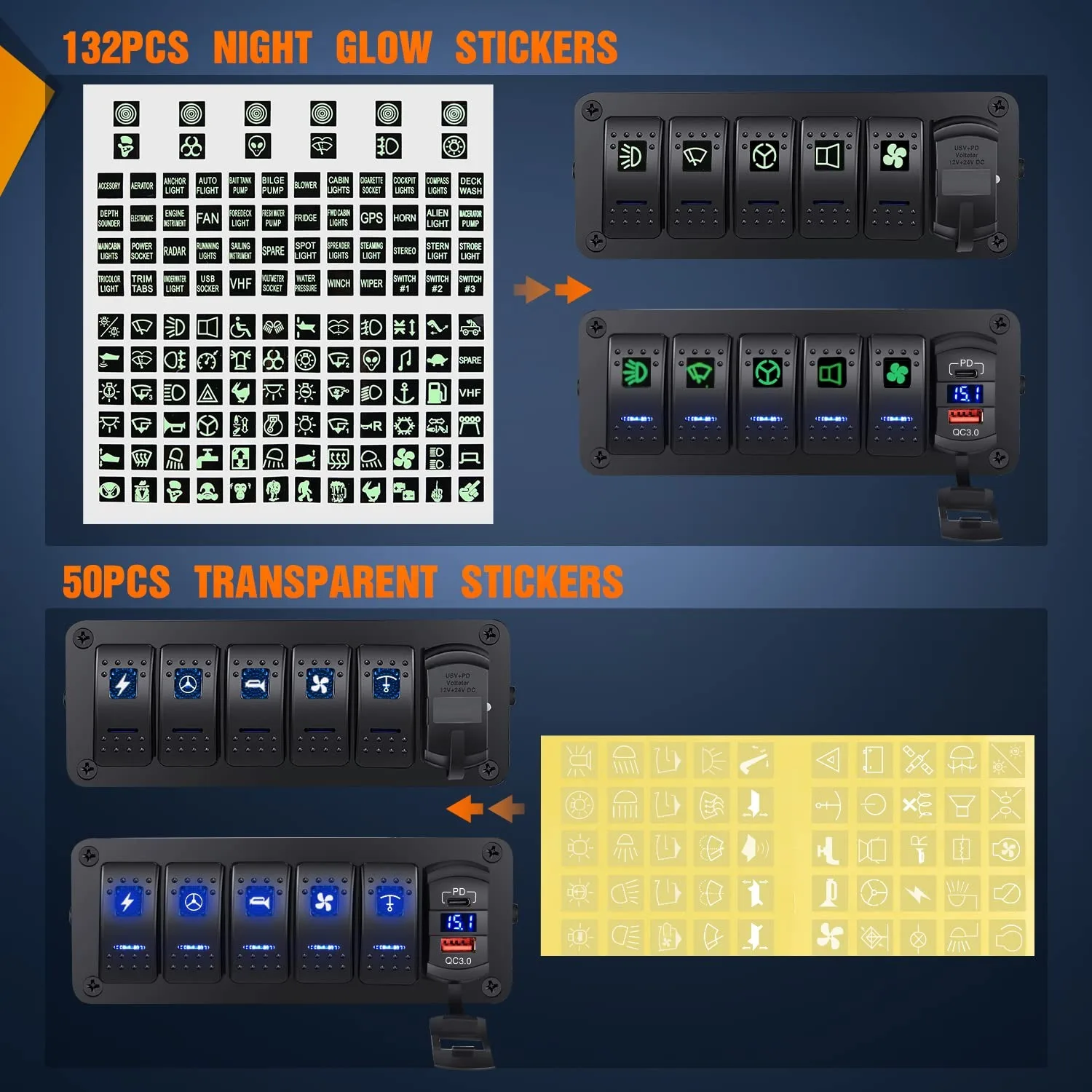 Waywe 5 Gang 12V SPST Rocker Switch Box - PD Type C/QC3.0 شاحن USB الفولتميتر لوحة ألومنيوم ملصقات صناعة يدوية للمركبات