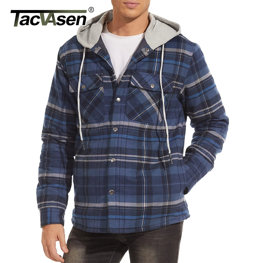 TACVASEN Men\'s Flannel Shirt Jackets with Hood Long Sleeve Quilted Lined Plaid Coats Thick Warm Winter Casual Hoodie Outerwear