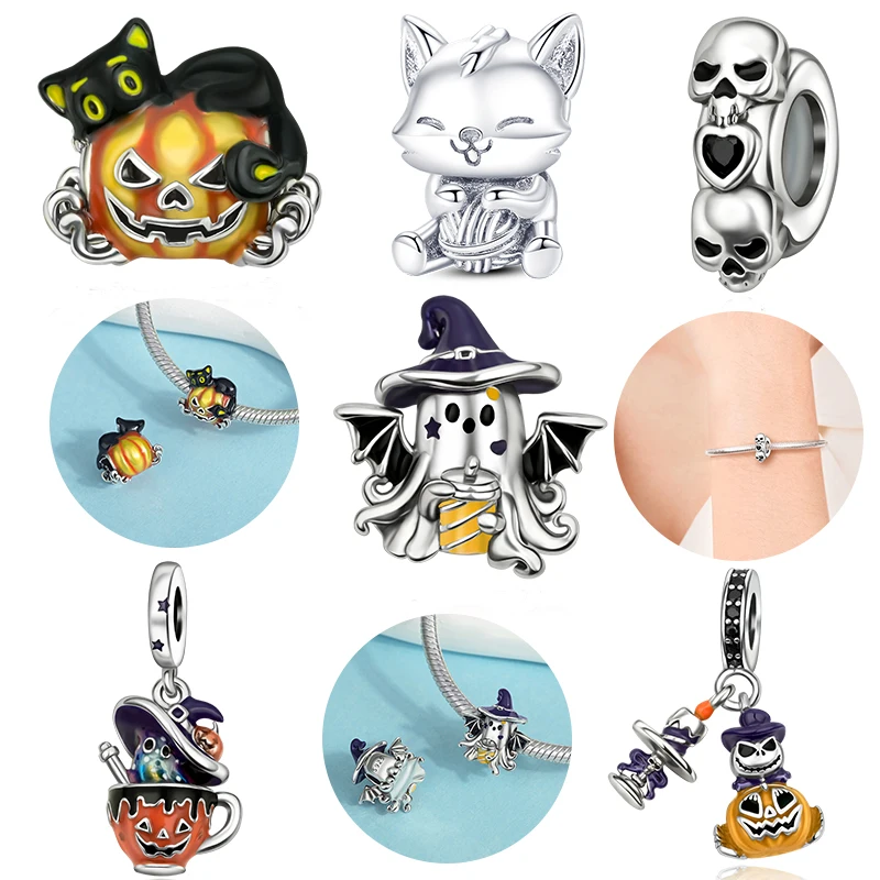 

Хэллоуин, серебро 925, забавный готический тыквенный череп, серия, подвеска из бисера, браслет, ожерелье, женские роскошные ювелирные изделия «сделай сам», изысканный подарок